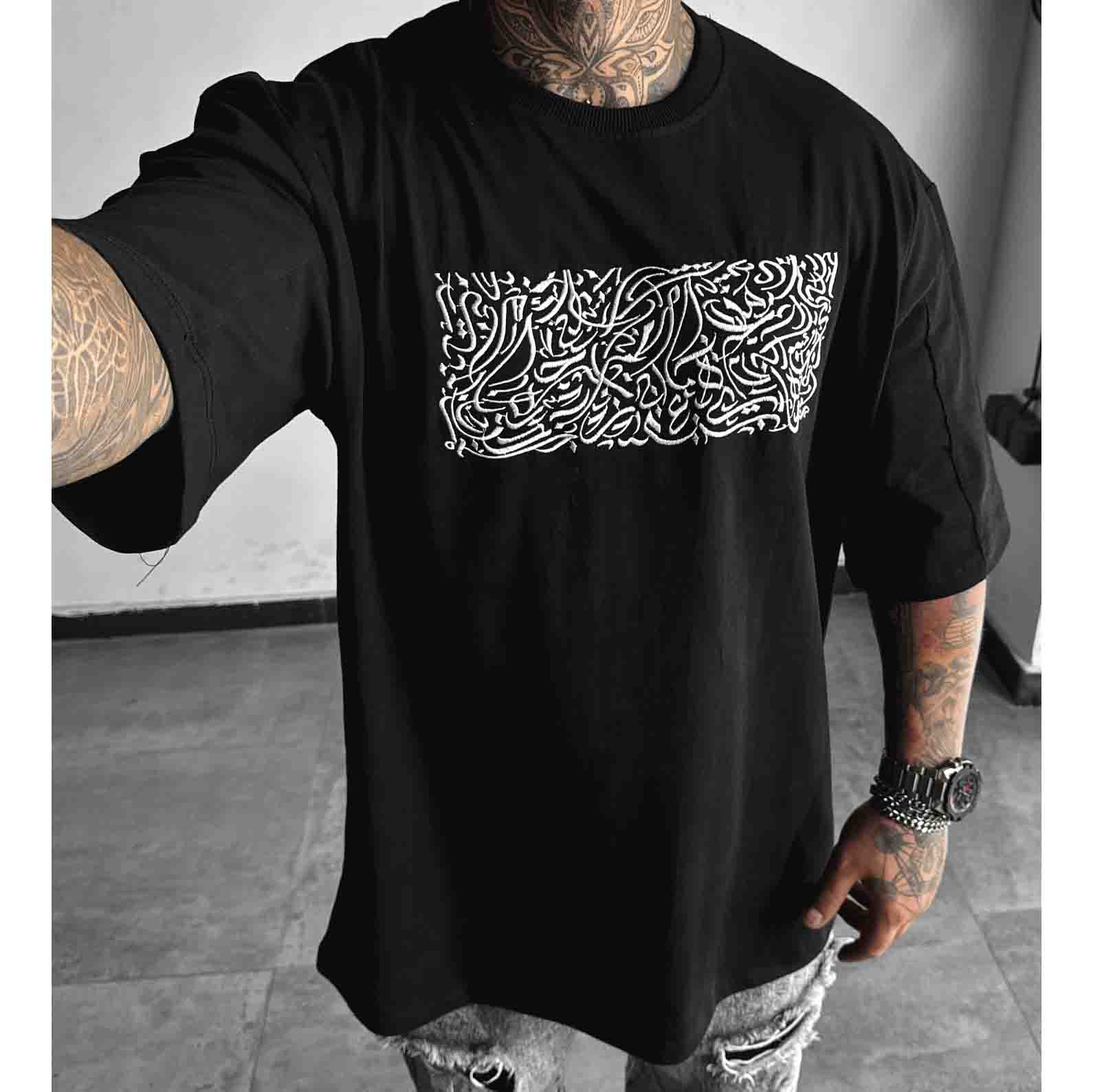 Men's black casual printed embroidered cotton T-shirt