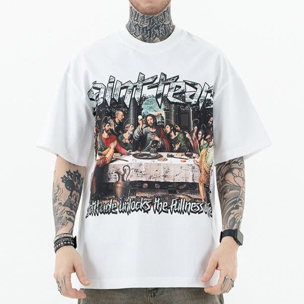 Men The Last Supper Washed Print Short Sleeve T-Shirts